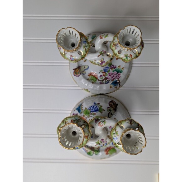 Herend Queen Victoria Green Border Double Candlesticks Set of 2 - Picture 6 of 16